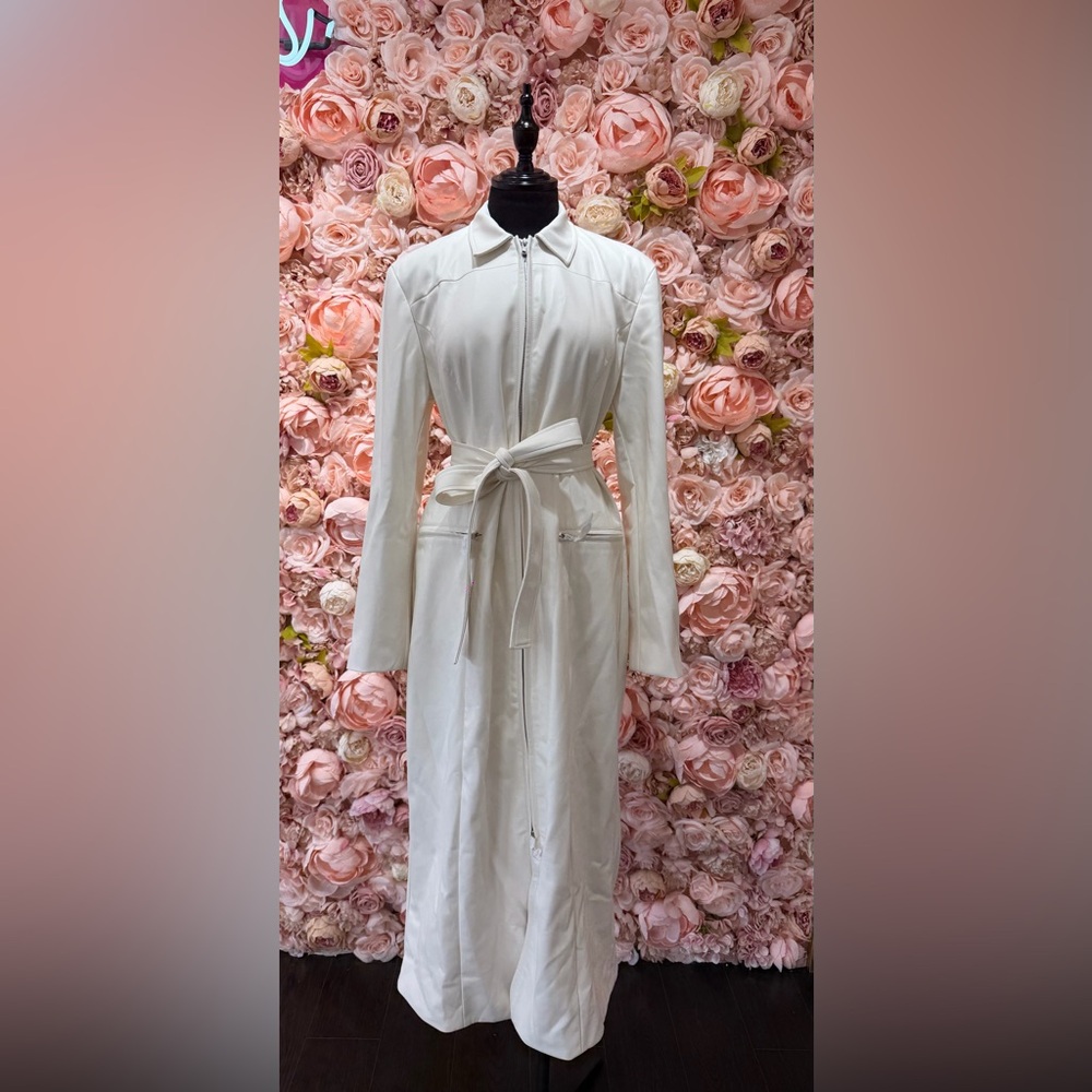 KHY BRAND NEW FAUX LEATHER White Long Belted Trench Dress